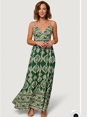 Baltic Born Green & Ivory Printed V-Neck Spaghetti Strap Maxi Dress
